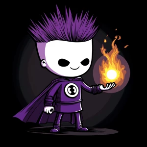 Create an image of a cartoon superhero with a white face and pur...