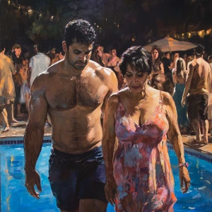 realistic painting ,a muscular beefy sweaty man walking with his...