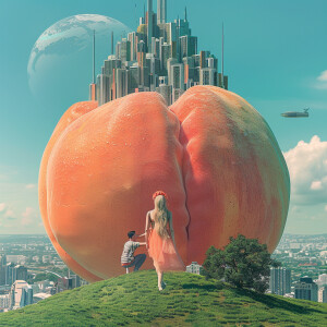 generate a surrealist image of a larger than life peach placed o...