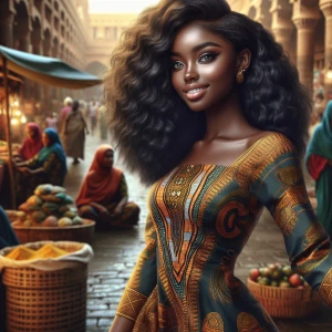 Envision a graceful young woman with a fusion of Nigerian and Eg...