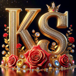 Create a 3-D realistic image with the letters  K.S. in gold raised letters and add some red roses. Add diamonds and colorful jewels