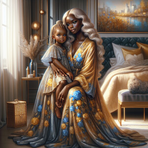 A tender depiction of a light skinned Bohemian mother with her c...