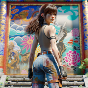 teenage girl, long brown hair and bangs, wearing tight skinny jeans and a halter top paint marks on her clothing, heroic pose Asian graffiti background, backside view