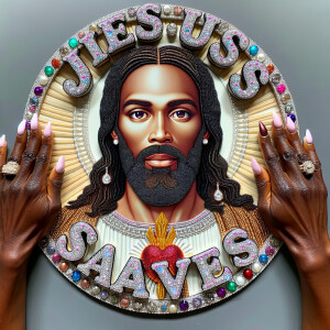 A 3D realistic artwork featuring the phrase 'Jesus Saves' adorne...