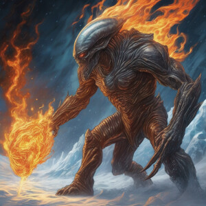 An alien made of ice is pulling an alien made of fire by the leg...