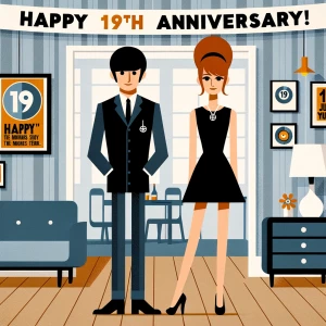 ‘Happy 19th Anniversary!’ Written
A 60s mod vibe with a tan male...