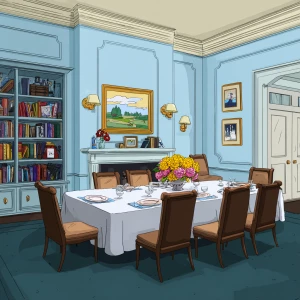 An interior shot of a dining room table in a large room in carto...