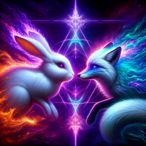 The white  rabbit and the white fox finally meet and are courtin...