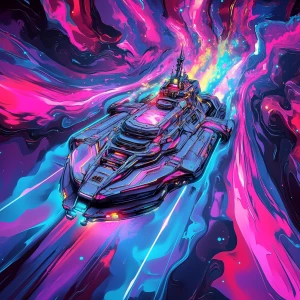 A gleaming, synthwave-fueled temporal trawler navigates through...