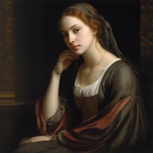 A simple portrait of a young woman with a serene expression, surrounded by a dark background.