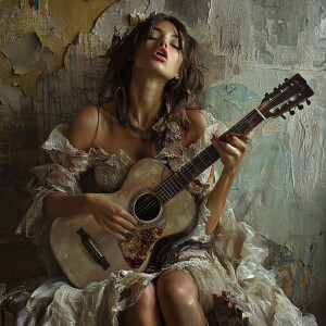 A woman in a tattered dress, playing guitar with intricate hand...