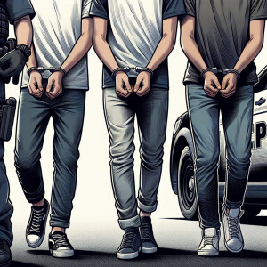 Three Caucasian male teenagers walk to a police car. handcuffed....