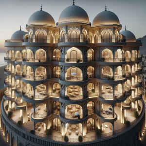 Create a luxurious classic facade design for a four-story hotel...