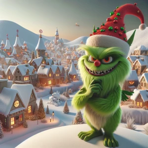 "Create a mischievous, festive character resembling the Grinch f...