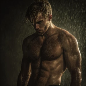 20-year-old man, blond-brown hair color, chest hair, in the rain...