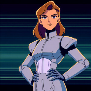 1990s anime screencap, girl a plugsuit, standing with hands on h...