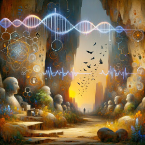 lie detector graphs, cardio, printout , branches infinity sign, cave, Art, handprints, distant birds flying, flowering vines, abstract gestural painting, dna cave drawings galaxies electrical cardiogram