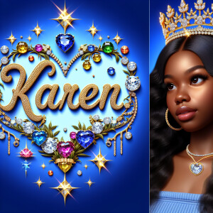 Craft a 3-D image showcasing the name 'KAREN' in a luxurious gol...