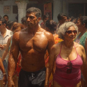 Photo hyperrealism, painting,a muscular beefy kerela son in law...