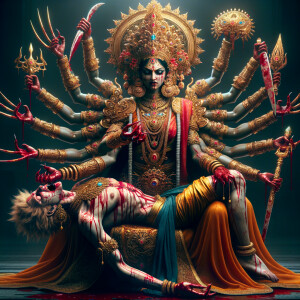 portrait of angry looking, four-armed indian goddess sitting on...