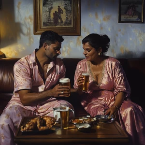 Photorealism,a muscular   criminal man sitting drinking beer wit...