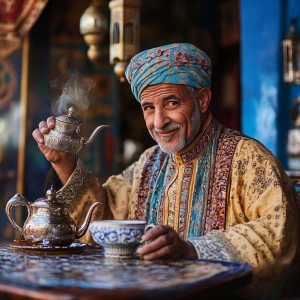 ein tradionell gekleiderter marokkanischer Mann serviert einen t...