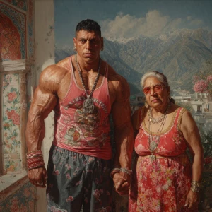 hyperrealism painting,a muscular beefy criminal kashmiri man wal...