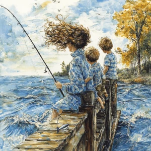 A family fishing off a dock with the water rippling and there ha...