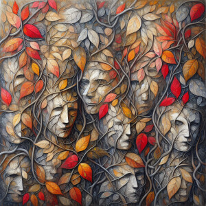 Visualize a canvas depicting vibrant autumn-colored leaves with...