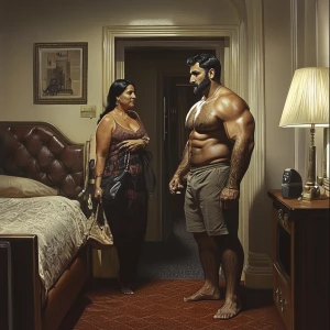 Photorealism,realism style, a muscular, sweaty man entering a Ne...