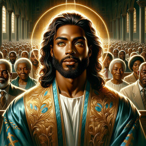 Illustrate an inspiring African-American Jesus crust with a dign...