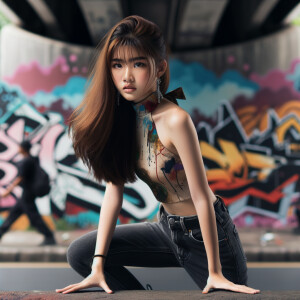 teenage girl, long brown hair and bangs, wearing tight skinny jeans and a halter top paint marks on her clothing, heroic pose Asian graffiti background, nearing on one knee