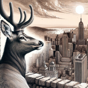 Большой олень смотрит на город