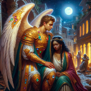 Create an oil painting image featuring a male angel and a grievi...
