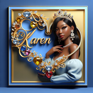 Craft a 3-D image showcasing the name 'KAREN' in a luxurious gol...