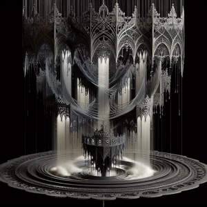 Visualize a floating  segments of fountain cascading hanging des...