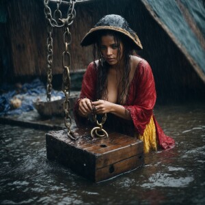 A drenched Wench clothes torn, squatting,  chained to a breading...