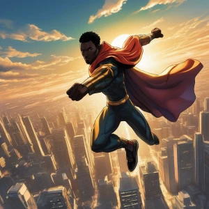Create an image of a African Nigerian superhero dramatically dep...
