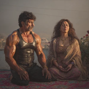 Photo HyperRealism,painting.A man muscular beefy sweaty doinga y...