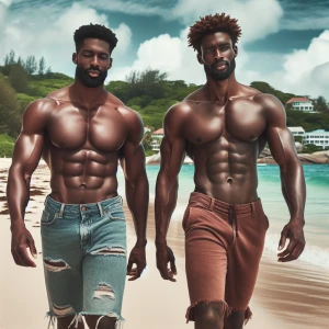 Generate two image of a muscle men with dark brown skin and tigh...