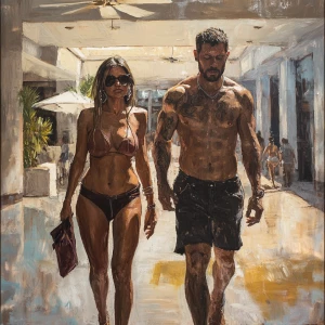 Sharp painting minor strokes .A sweaty  man walking with his 54...