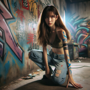 teenage girl, long brown hair and bangs, wearing tight skinny jeans and a halter top paint marks on her clothing, heroic pose Asian graffiti background, nearing on one knee