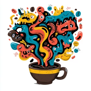 overflowing coffee cup with chaotic swirling steam transforming...