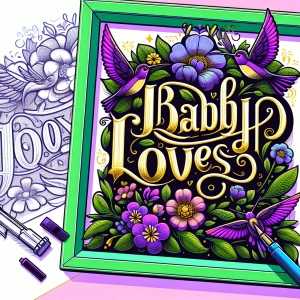 Create a design featuring the phrase "baby loves" in calligraphi...