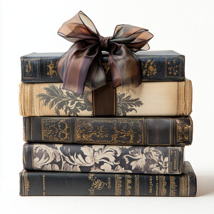 A neatly stacked pile of ornate, decoratively bound books adorne...