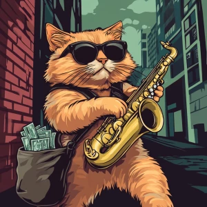 A fluffy orange cat wearing black sunglasses, playing a golden s...