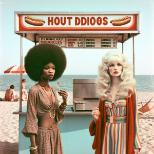 Create a faded color film photograph from 1971 of two gorgeous w...