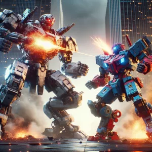 Megatron locked in battle with Optimus Prime in a desolate citys...