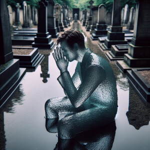 Create an image of a man made entirely of glass, filled with wat...