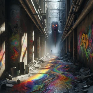 Twisted, nightmarish graffiti covering a decaying urban alleyway, dripping and pulsating with unnatural colors; a shadowy figure with glowing red eyes lurks in the background, ultra-detailed, ultra-realistic, masterpiece, HDR, 8K resolution